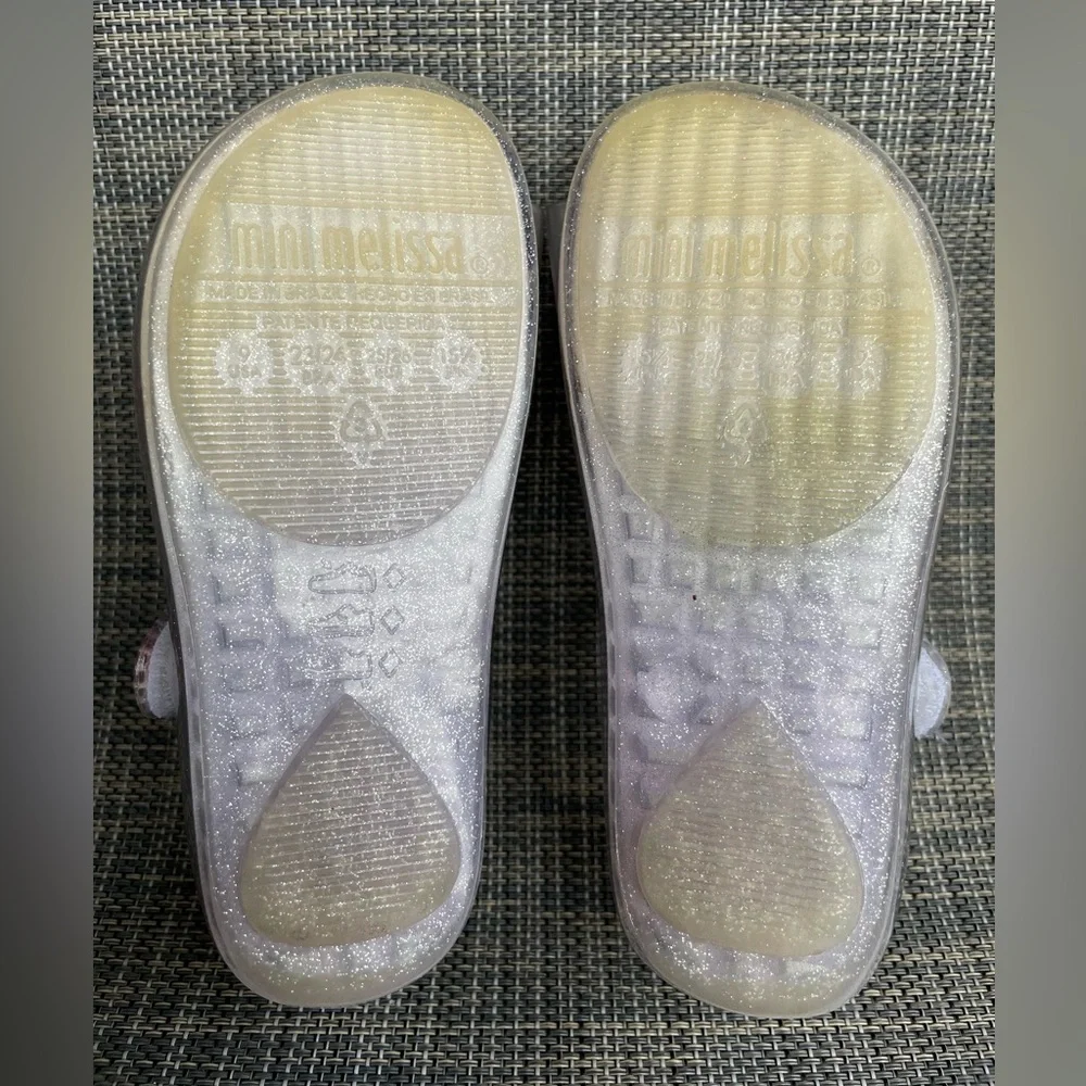 Mini Melissa Ultragirl Bow Mary Jane flats Clear glitter/Silver Dress Shoes sz 9